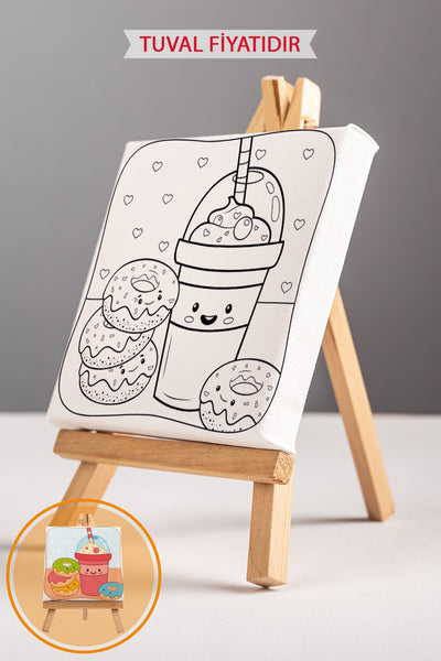 Sevimli Donut ve Milkshake Ön Çizimli Boyama Tuvali 9045