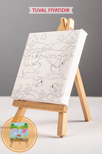 Nehirde Eylenen Sevimli Hayvanlar Ön Çizimli Boyama Tuvali 9094