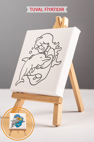 Sevimli Kız ve Yunus Balığı Ön Çizimli Boyama Tuvali 9005