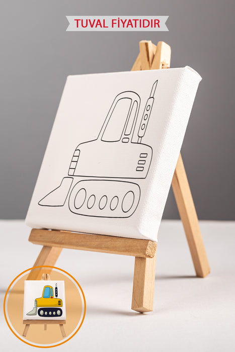 Sevimli Sarı İş Makinası Ön Çizimli Boyama Tuvali 9026