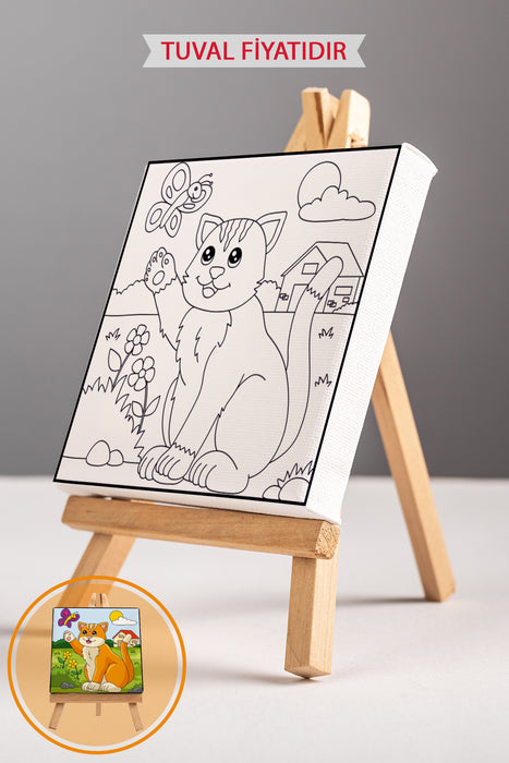 Sevimli Kedi ve Kelebek Ön Çizimli Boyama Tuvali 9019
