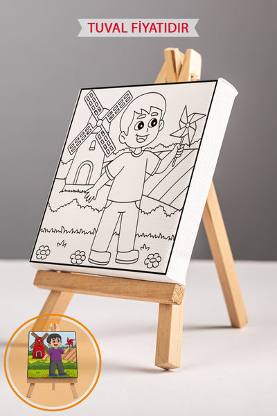 Sevimli Çocuk ve Yel Değirmeni Ön Çizimli Boyama Tuvali 9208