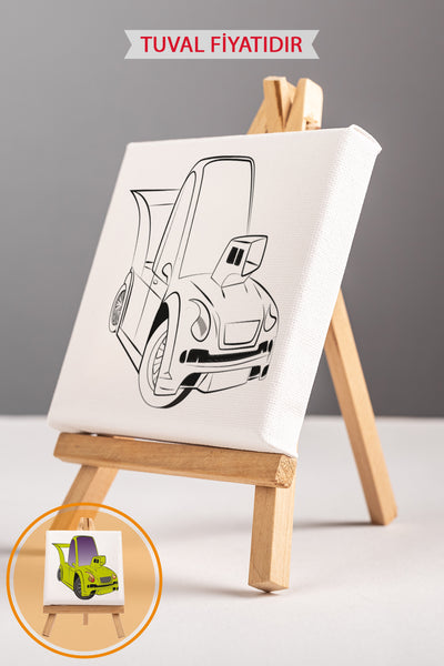 Sevimli Yeşil Araba Ön Çizimli Boyama Tuvali 9191