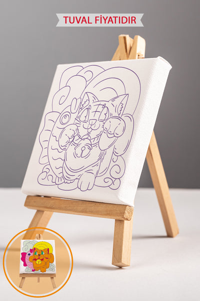 Sevimli Kedi ile Balık Ön Çizimli Boyama Tuvali 9000