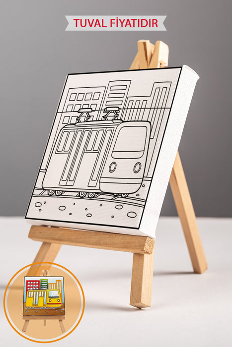 Sevimli Sarı Tramvay Ön Çizimli Boyama Tuvali 9211