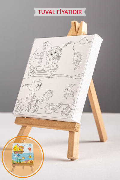 Sevimli Aslan Balık Tutuyor Ön Çizimli Boyama Tuvali 9082