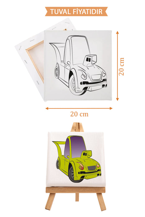 Sevimli Yeşil Araba Ön Çizimli Boyama Tuvali 9191