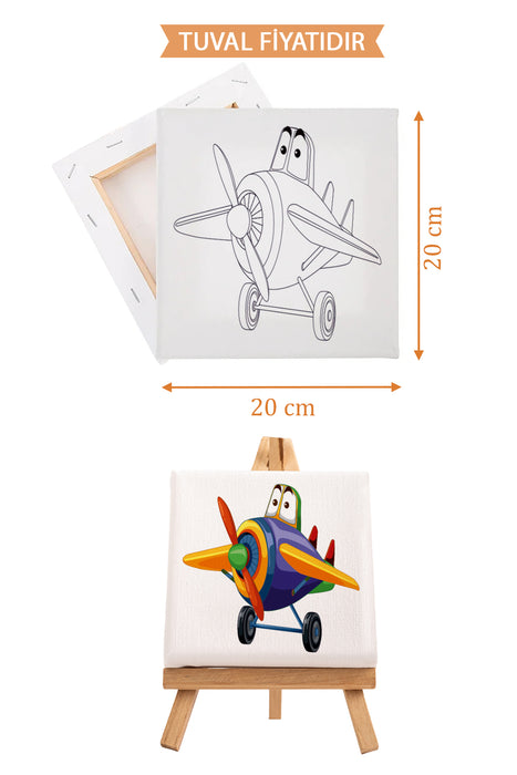 Sevimli Renkli Uçak Ön Çizimli Boyama Tuvali 9029