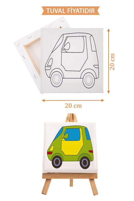 Sevimli Yeşil Araba Ön Çizimli Boyama Tuvali 9025