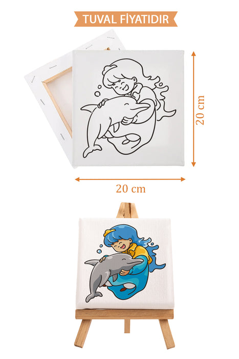 Sevimli Kız ve Yunus Balığı Ön Çizimli Boyama Tuvali 9005