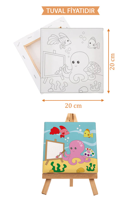 Resim Çizen Sevimli Ahtapot Ön Çizimli Boyama Tuvali 9085