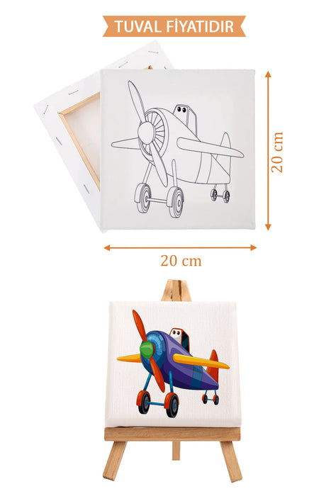 Sevimli Renkli Uçak Ön Çizimli Boyama Tuvali 9030