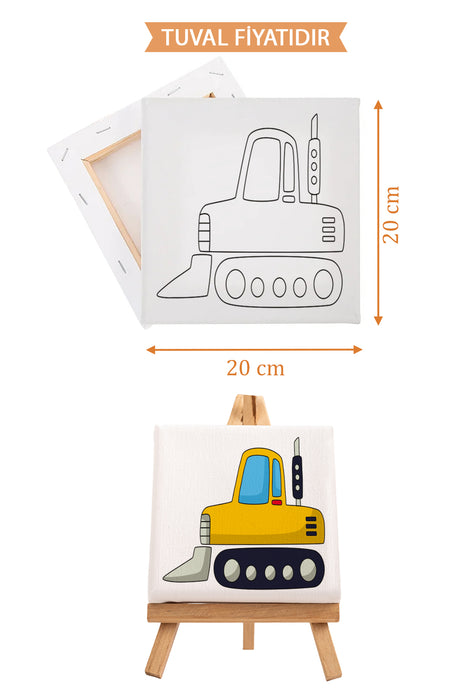 Sevimli Sarı İş Makinası Ön Çizimli Boyama Tuvali 9026