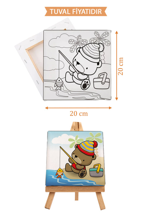 Sevimli Balık Tutan Ayı Ön Çizimli Boyama Tuvali 9067