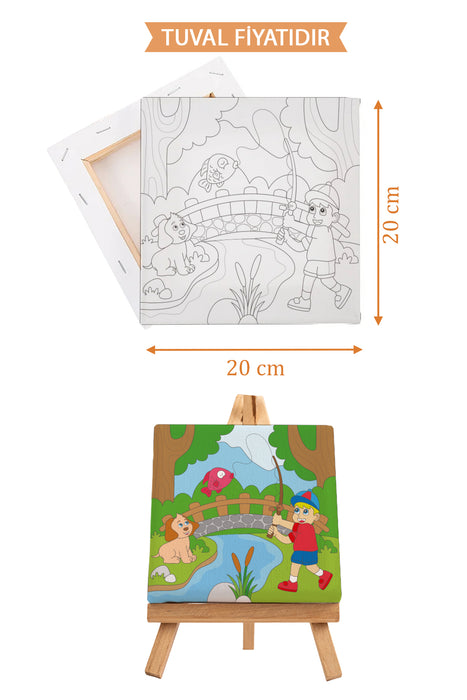 Balık Yakalayan Çocuk ve Dostu Ön Çizimli Boyama Tuvali 9070