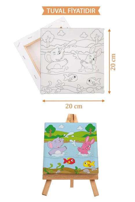 Nehirde Eylenen Sevimli Hayvanlar Ön Çizimli Boyama Tuvali 9094