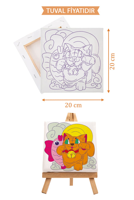 Sevimli Kedi ile Balık Ön Çizimli Boyama Tuvali 9000