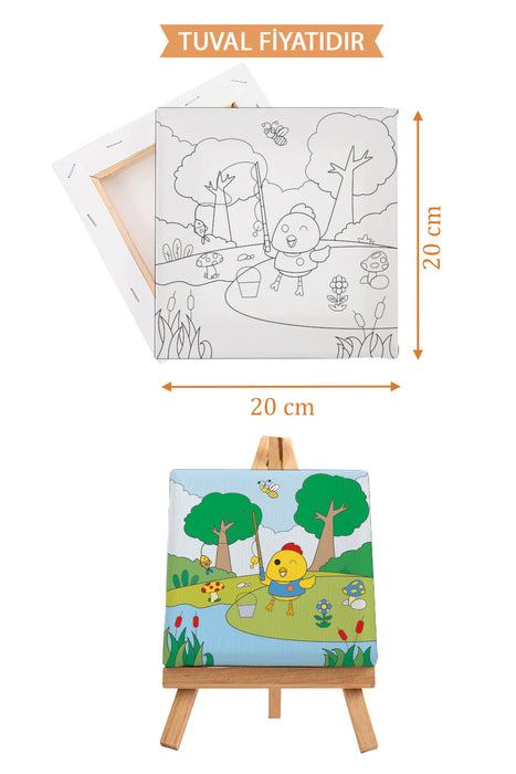 Balık Tutan Sevimli Civciv Ön Çizimli Boyama Tuvali 9107