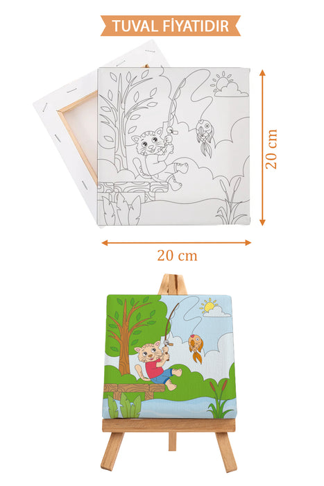 Balık Yakalayan Sevimli Kedi Ön Çizimli Boyama Tuvali 9072