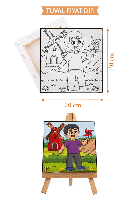 Sevimli Çocuk ve Yel Değirmeni Ön Çizimli Boyama Tuvali 9208