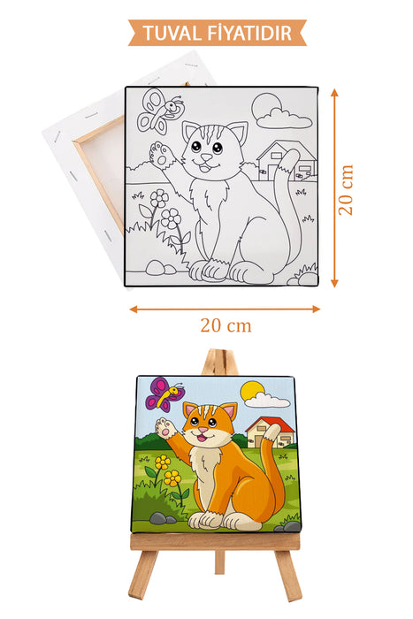 Sevimli Kedi ve Kelebek Ön Çizimli Boyama Tuvali 9019