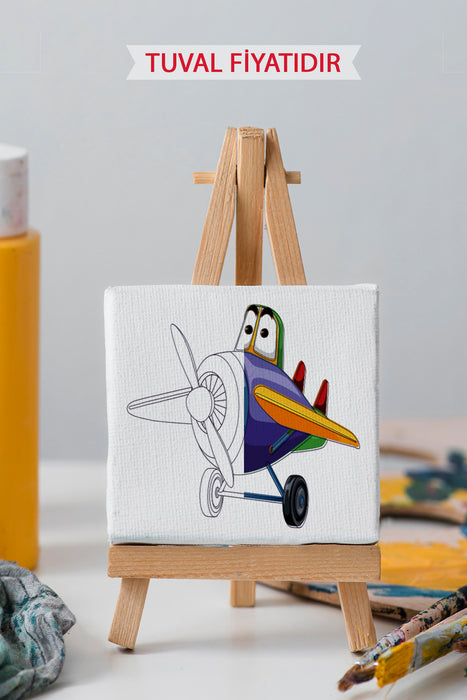 Sevimli Renkli Uçak Ön Çizimli Boyama Tuvali 9029