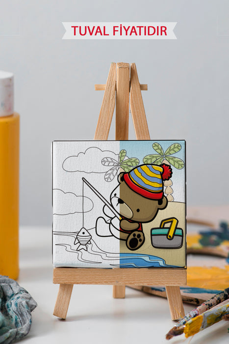 Sevimli Balık Tutan Ayı Ön Çizimli Boyama Tuvali 9067