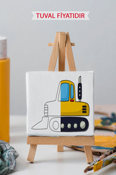 Sevimli Sarı İş Makinası Ön Çizimli Boyama Tuvali 9026