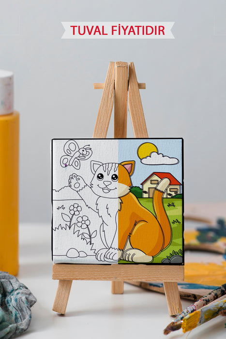 Sevimli Kedi ve Kelebek Ön Çizimli Boyama Tuvali 9019