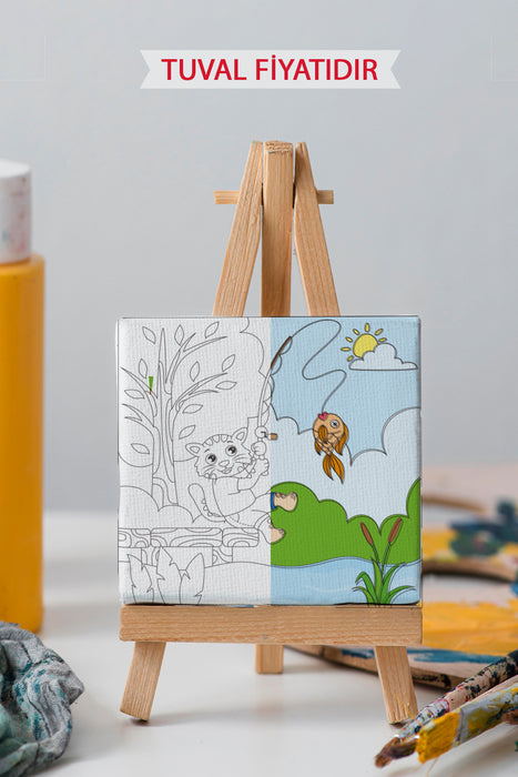 Balık Yakalayan Sevimli Kedi Ön Çizimli Boyama Tuvali 9072