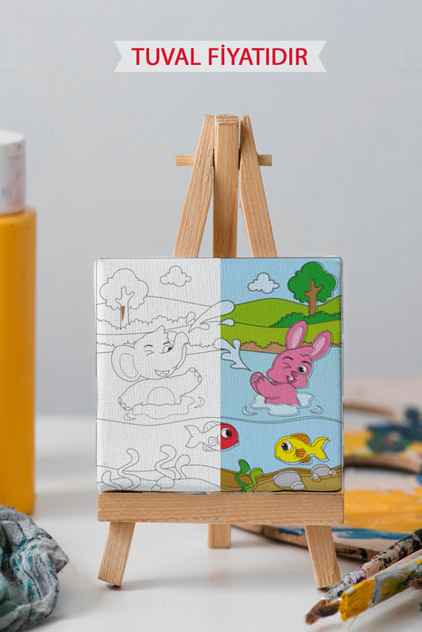 Nehirde Eylenen Sevimli Hayvanlar Ön Çizimli Boyama Tuvali 9094