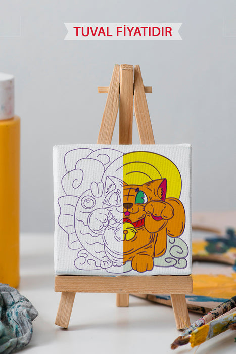 Sevimli Kedi ile Balık Ön Çizimli Boyama Tuvali 9000