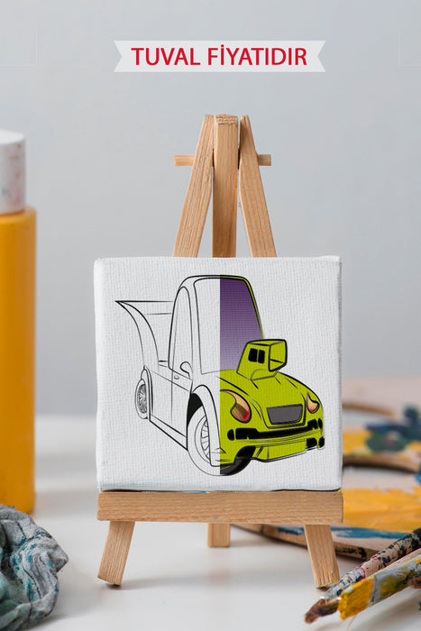 Sevimli Yeşil Araba Ön Çizimli Boyama Tuvali 9191