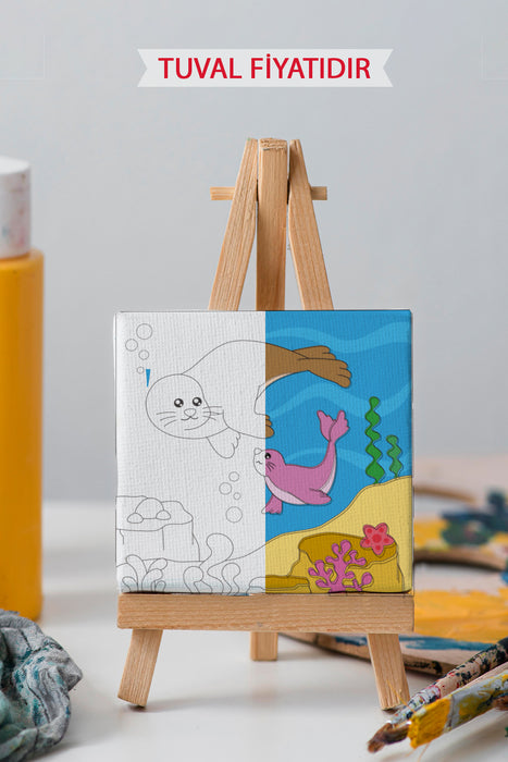 Sevimli Fok Balıkları Ön Çizimli Boyama Tuvali 9034