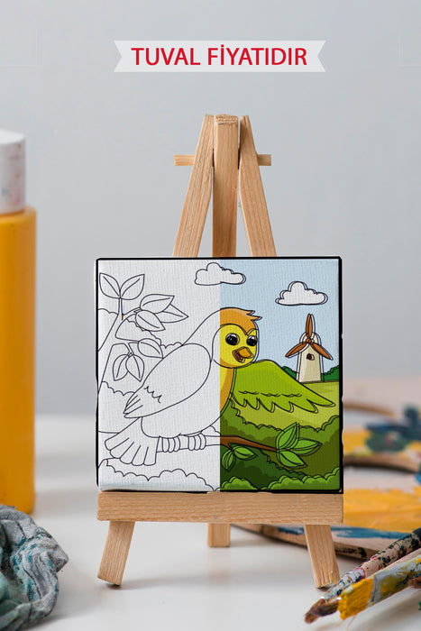 Sevimli Renkli Kuş Ön Çizimli Boyama Tuvali 9004