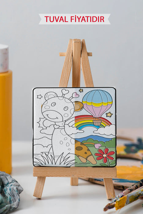 Sevimli Zürafa ve Hava Balonu Ön Çizimli Boyama Tuvali 9060