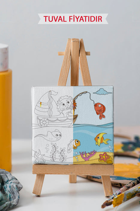 Sevimli Aslan Balık Tutuyor Ön Çizimli Boyama Tuvali 9082