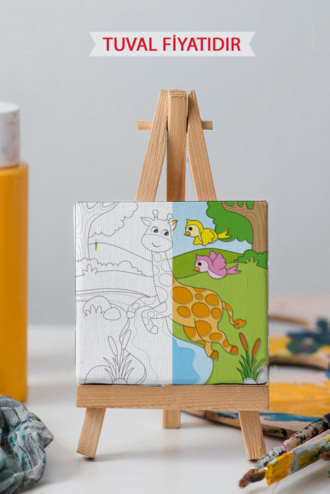 Sevimli Zürafa ve Kuşlar Ön Çizimli Boyama Tuvali 9079