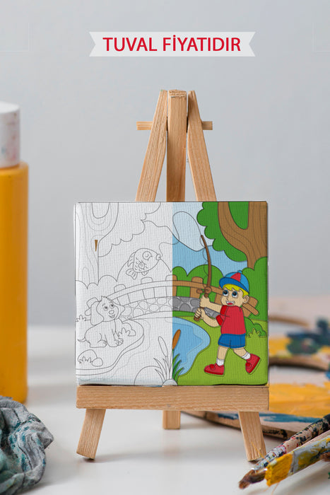 Balık Yakalayan Çocuk ve Dostu Ön Çizimli Boyama Tuvali 9070