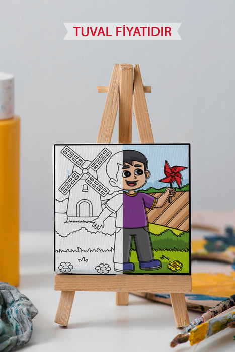 Sevimli Çocuk ve Yel Değirmeni Ön Çizimli Boyama Tuvali 9208