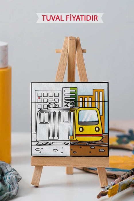 Sevimli Sarı Tramvay Ön Çizimli Boyama Tuvali 9211