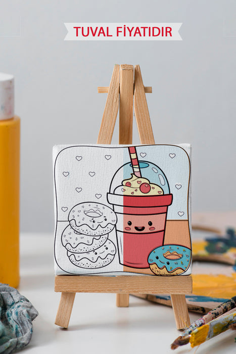 Sevimli Donut ve Milkshake Ön Çizimli Boyama Tuvali 9045