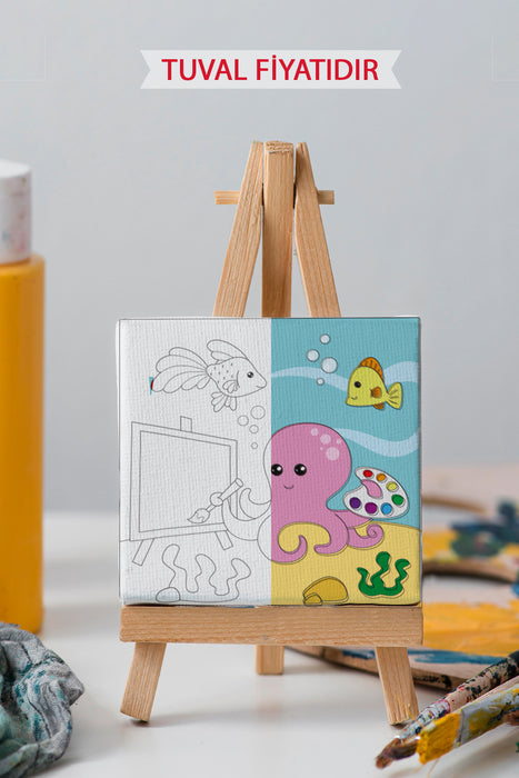 Resim Çizen Sevimli Ahtapot Ön Çizimli Boyama Tuvali 9085