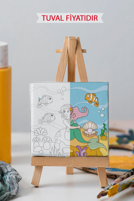 Sevimli Denizkızı ve Balıklar Ön Çizimli Boyama Tuvali 9084