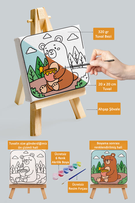 Bal Yiyen Sevimli Ayı, Çocuk Eğitici Tuval Boyama Hobi Seti 9027
