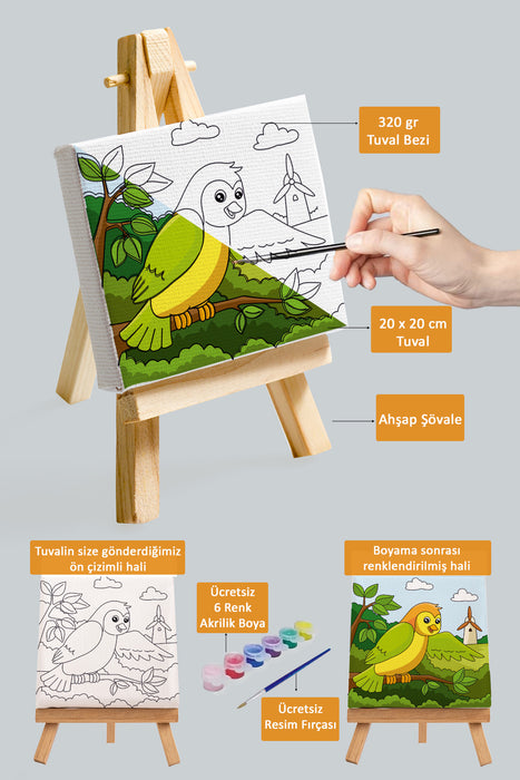 Sevimli Renkli Kuş, Çocuk Eğitici Tuval Boyama Hobi Seti 9004