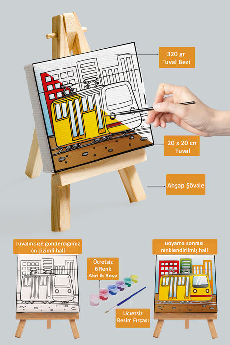 Sevimli Sarı Tramvay, Çocuk Eğitici Tuval Boyama Hobi Seti 9211