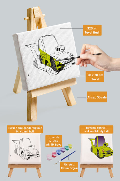 Sevimli Yeşil Araba, Erkek Çocuğu Eğitici Tuval Boyama Hobi Seti 9191