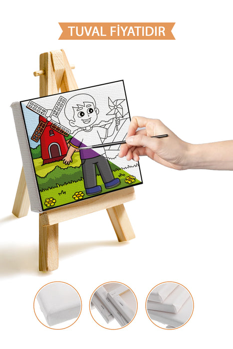 Sevimli Çocuk ve Yel Değirmeni Ön Çizimli Boyama Tuvali 9208