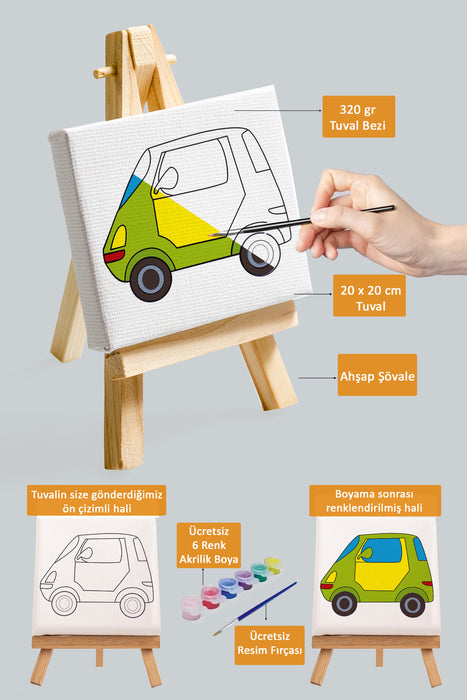 Sevimli Yeşil Araba, Erkek Çocuğu Eğitici Tuval Boyama Hobi Seti 9025